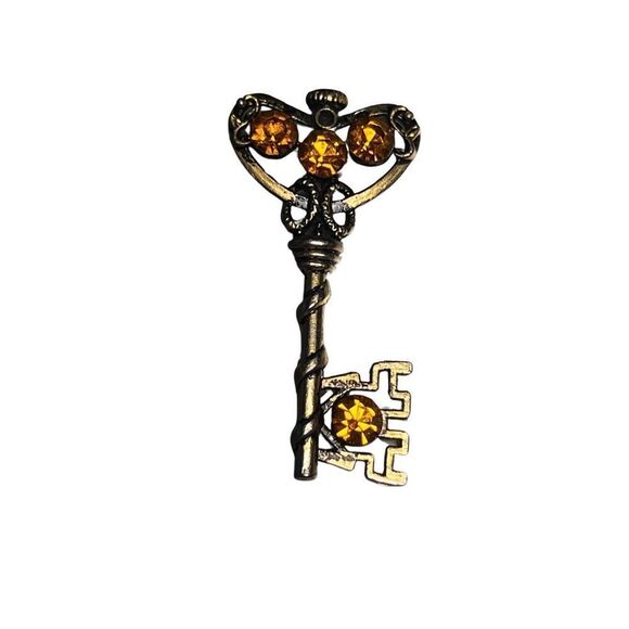Vintage Key To My Heart Orange Topaz Rhinestone Large Key Brooch - Picture 1 of 10